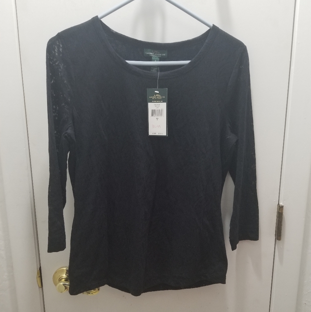 LRL Lauren Ralph Lauren Black Lace top long sleeve